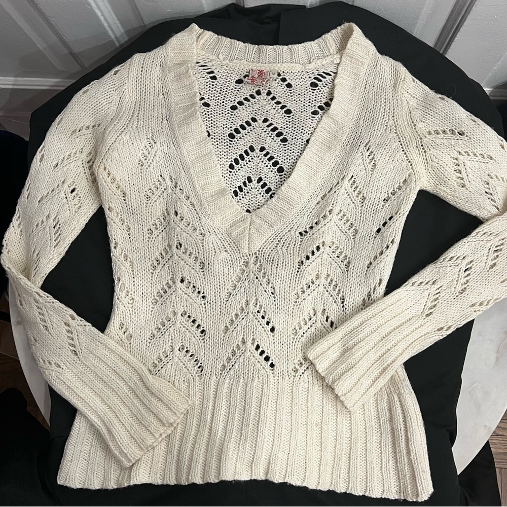 Swedish deep V neck crochet white sweater